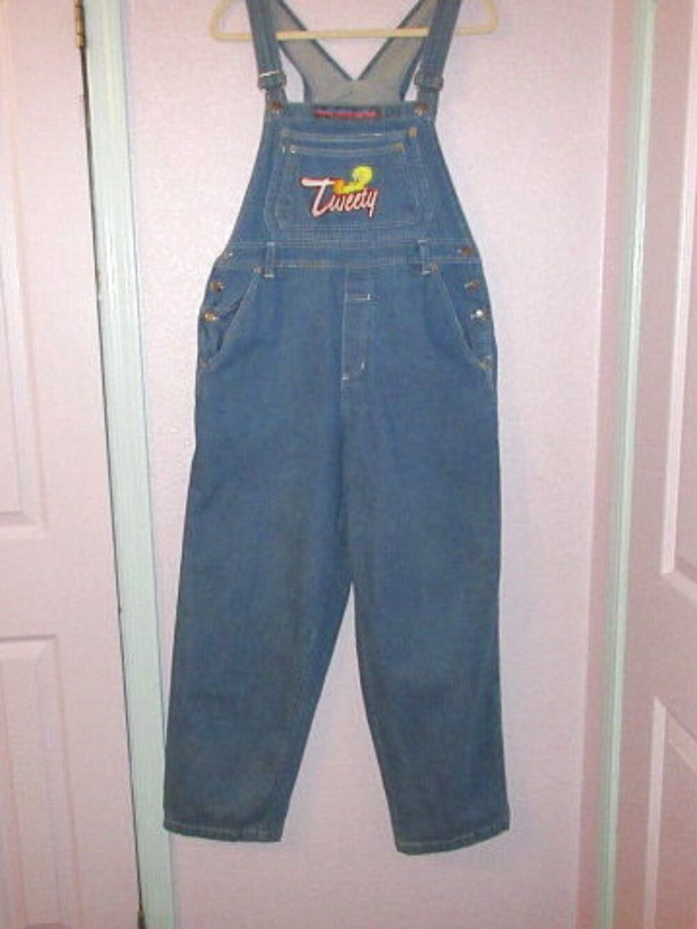 Vtg 90s Looney Tunes Tweety Bird Denim Overalls M Baggy Embroidered Carpenter